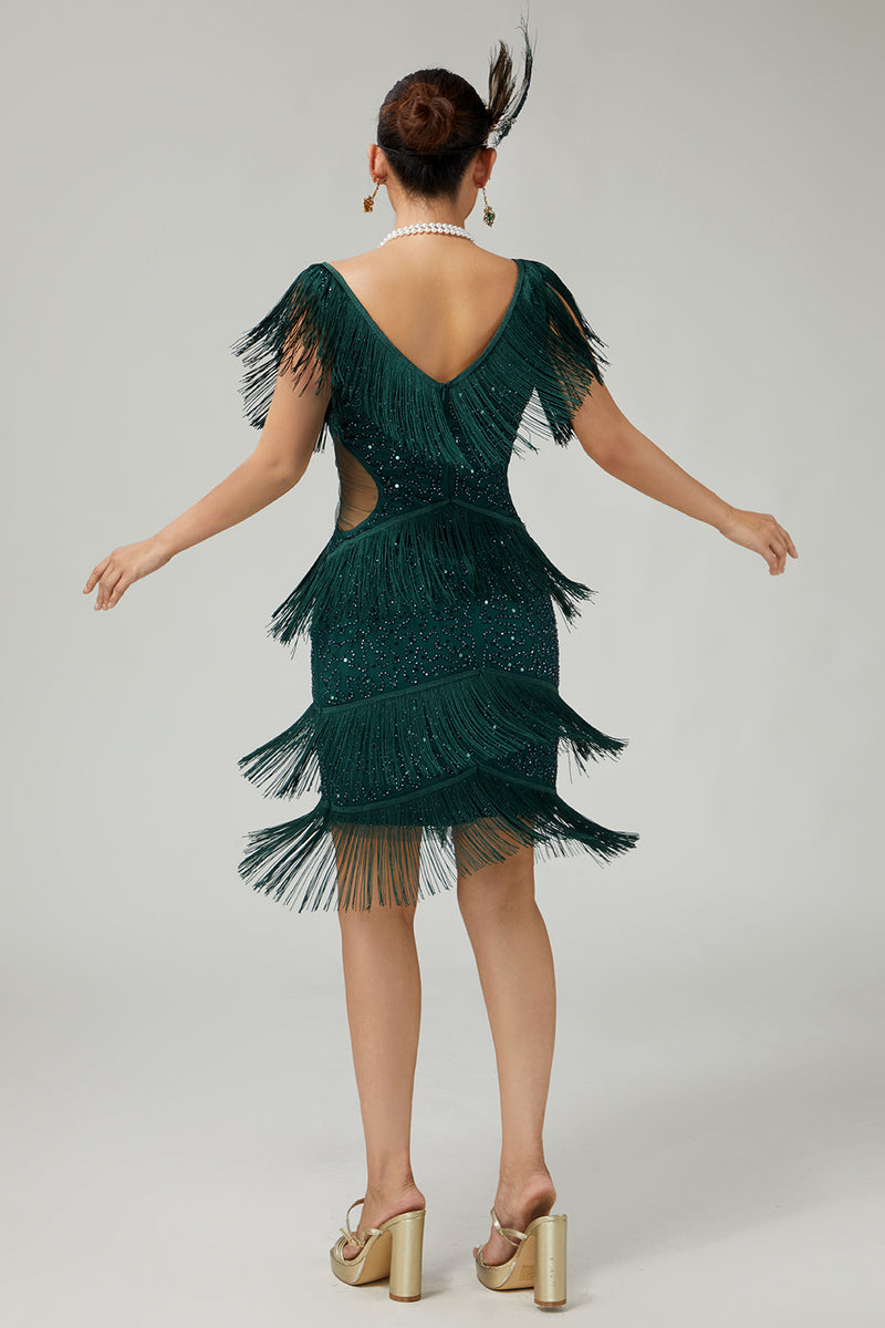 Load image into Gallery viewer, Sparkly Burgundy Bodycon Sequins Flapper Dress with Fringes