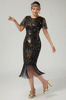 Load image into Gallery viewer, Sparkly Black Golden Beaded Sequins Bodycon Flapper Dress with Fringes