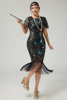 Load image into Gallery viewer, Sparkly Black Golden Beaded Sequins Bodycon Flapper Dress with Fringes