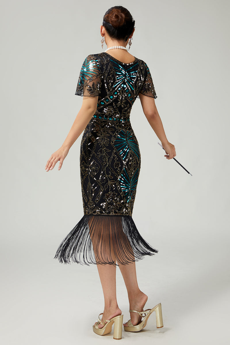 Load image into Gallery viewer, Sparkly Black Golden Beaded Sequins Bodycon Flapper Dress with Fringes