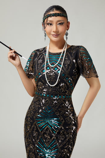 Sparkly Black Golden Beaded Sequins Bodycon Flapper Dress with Fringes