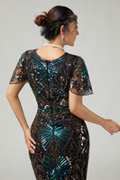 Load image into Gallery viewer, Sparkly Black Golden Beaded Sequins Bodycon Flapper Dress with Fringes