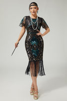 Load image into Gallery viewer, Sparkly Black Golden Beaded Sequins Bodycon Flapper Dress with Fringes