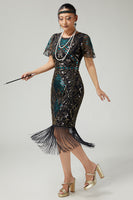 Load image into Gallery viewer, Sparkly Black Golden Beaded Sequins Bodycon Flapper Dress with Fringes