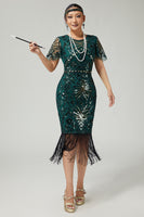 Load image into Gallery viewer, Sparkly Black Golden Beaded Sequins Bodycon Flapper Dress with Fringes