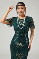 Load image into Gallery viewer, Sparkly Black Golden Beaded Sequins Bodycon Flapper Dress with Fringes