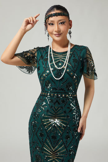 Sparkly Black Golden Beaded Sequins Bodycon Flapper Dress with Fringes