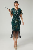 Load image into Gallery viewer, Sparkly Black Golden Beaded Sequins Bodycon Flapper Dress with Fringes
