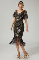 Load image into Gallery viewer, Sparkly Black Golden Sequins V-Neck Flapper Dress with Fringes