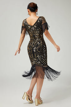 Sparkly Black Golden Sequins V-Neck Flapper Dress with Fringes