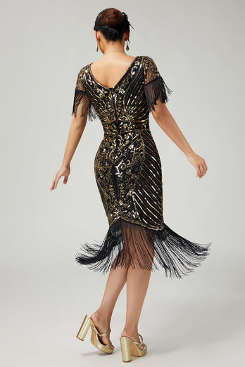 Sparkly Black Golden Sequins V-Neck Flapper Dress with Fringes