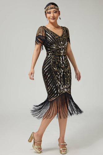 Sparkly Black Golden Sequins V-Neck Flapper Dress with Fringes