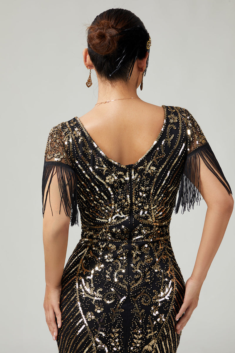 Load image into Gallery viewer, Sparkly Black Golden Sequins V-Neck Flapper Dress with Fringes