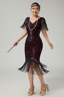 Load image into Gallery viewer, Sparkly Black Golden Sequins V-Neck Flapper Dress with Fringes