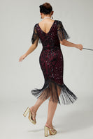 Load image into Gallery viewer, Sparkly Black Golden Sequins V-Neck Flapper Dress with Fringes