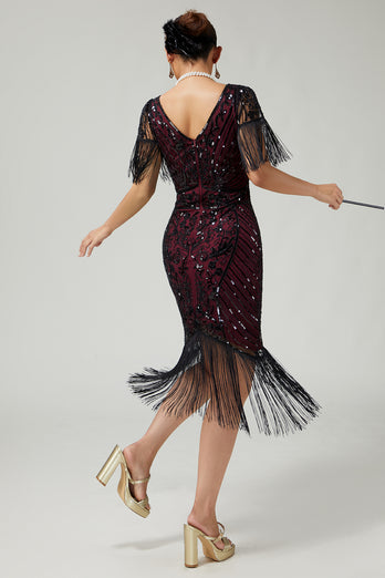 Sparkly Black Golden Sequins V-Neck Flapper Dress with Fringes