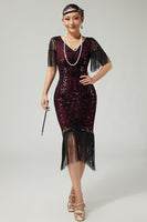 Load image into Gallery viewer, Sparkly Black Golden Sequins V-Neck Flapper Dress with Fringes