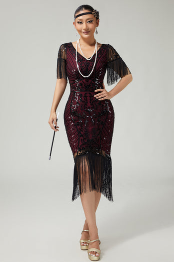 Sparkly Black Golden Sequins V-Neck Flapper Dress with Fringes