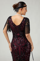 Load image into Gallery viewer, Sparkly Black Golden Sequins V-Neck Flapper Dress with Fringes
