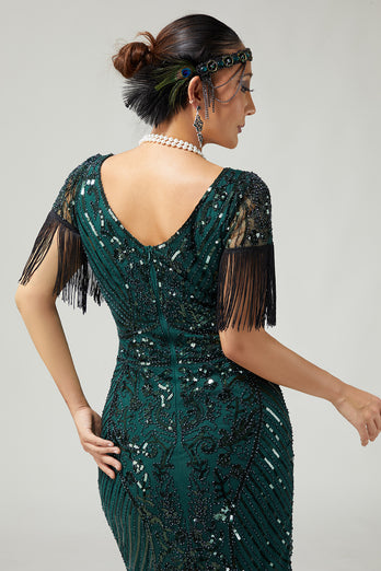 Sparkly Black Golden Sequins V-Neck Flapper Dress with Fringes