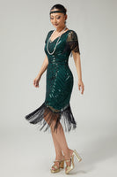 Load image into Gallery viewer, Sparkly Black Golden Sequins V-Neck Flapper Dress with Fringes