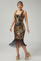 Load image into Gallery viewer, Sparkly Black Golden Fringed V-Neck Sequins 1920s Flapper Dress