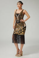 Load image into Gallery viewer, Sparkly Black Golden Fringed V-Neck Sequins 1920s Flapper Dress
