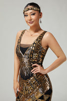 Load image into Gallery viewer, Sparkly Black Golden Fringed V-Neck Sequins 1920s Flapper Dress