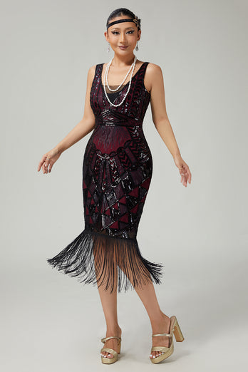 Sparkly Black Golden Fringed V-Neck Sequins 1920s Flapper Dress