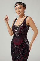 Load image into Gallery viewer, Sparkly Black Golden Fringed V-Neck Sequins 1920s Flapper Dress