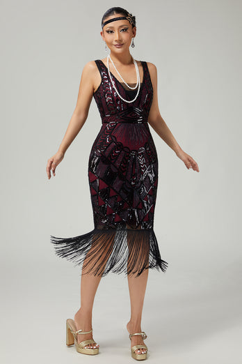 Sparkly Black Golden Fringed V-Neck Sequins 1920s Flapper Dress