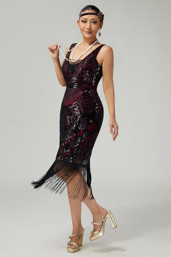Sparkly Black Golden Fringed V-Neck Sequins 1920s Flapper Dress