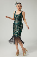 Load image into Gallery viewer, Sparkly Black Golden Fringed V-Neck Sequins 1920s Flapper Dress