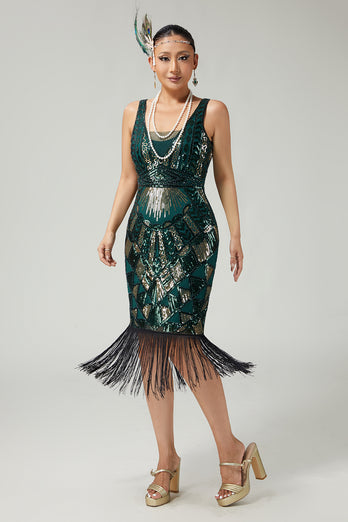 Sparkly Black Golden Fringed V-Neck Sequins 1920s Flapper Dress