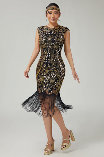 Sparkly Bodycon Black Golden Sequins Floral 1920s Flapper Dress with Fringes