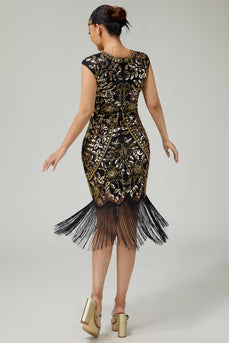 Sparkly Bodycon Black Golden Sequins Floral 1920s Flapper Dress with Fringes