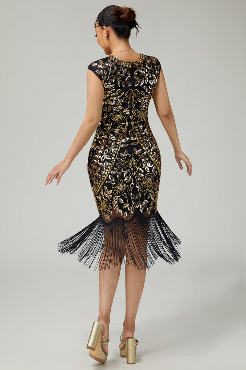 Load image into Gallery viewer, Sparkly Bodycon Black Golden Sequins Floral 1920s Flapper Dress with Fringes