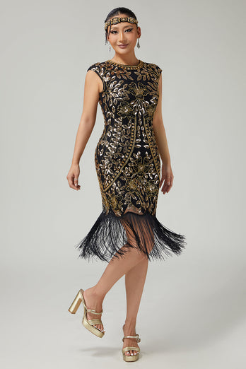 Sparkly Bodycon Black Golden Sequins Floral 1920s Flapper Dress with Fringes