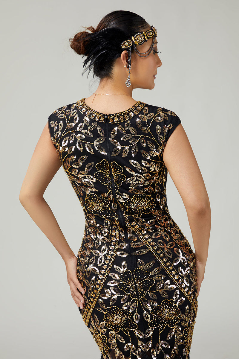Load image into Gallery viewer, Sparkly Bodycon Black Golden Sequins Floral 1920s Flapper Dress with Fringes