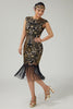 Load image into Gallery viewer, Sparkly Bodycon Black Golden Sequins Floral 1920s Flapper Dress with Fringes