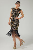 Load image into Gallery viewer, Sparkly Bodycon Black Golden Sequins Floral 1920s Flapper Dress with Fringes