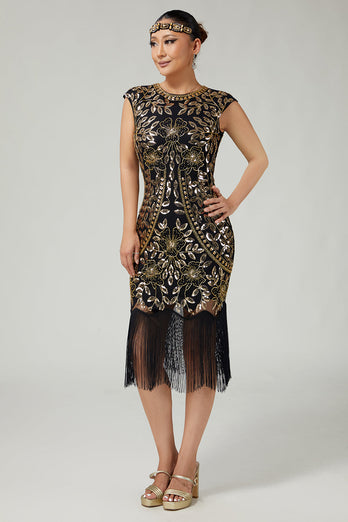 Sparkly Bodycon Black Golden Sequins Floral 1920s Flapper Dress with Fringes
