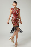 Load image into Gallery viewer, Sparkly Bodycon Black Golden Sequins Floral 1920s Flapper Dress with Fringes