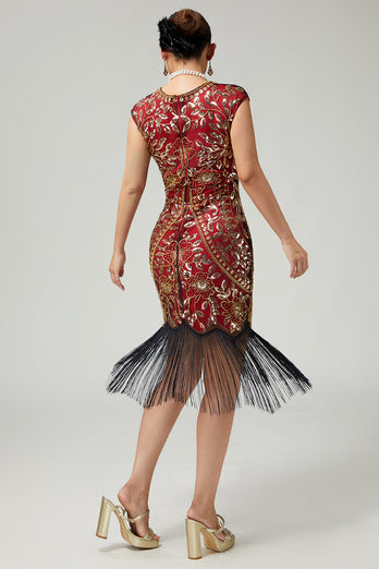 Sparkly Bodycon Black Golden Sequins Floral 1920s Flapper Dress with Fringes