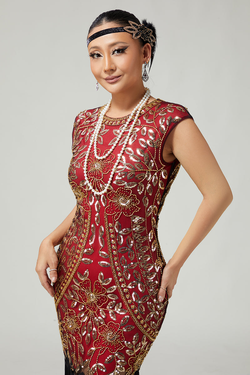 Load image into Gallery viewer, Sparkly Bodycon Black Golden Sequins Floral 1920s Flapper Dress with Fringes