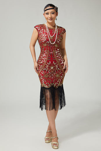 Sparkly Bodycon Black Golden Sequins Floral 1920s Flapper Dress with Fringes