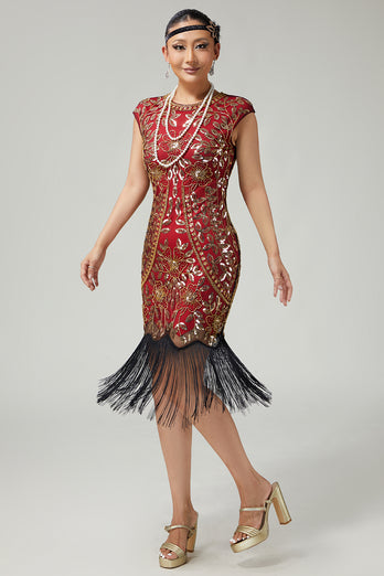 Sparkly Bodycon Black Golden Sequins Floral 1920s Flapper Dress with Fringes