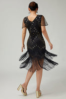 Load image into Gallery viewer, Sparkly Black Golden Bodycon Fringed 1920s Flapper Dress with Beading