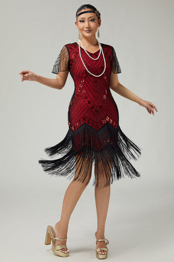 Sparkly Black Golden Bodycon Fringed 1920s Flapper Dress with Beading