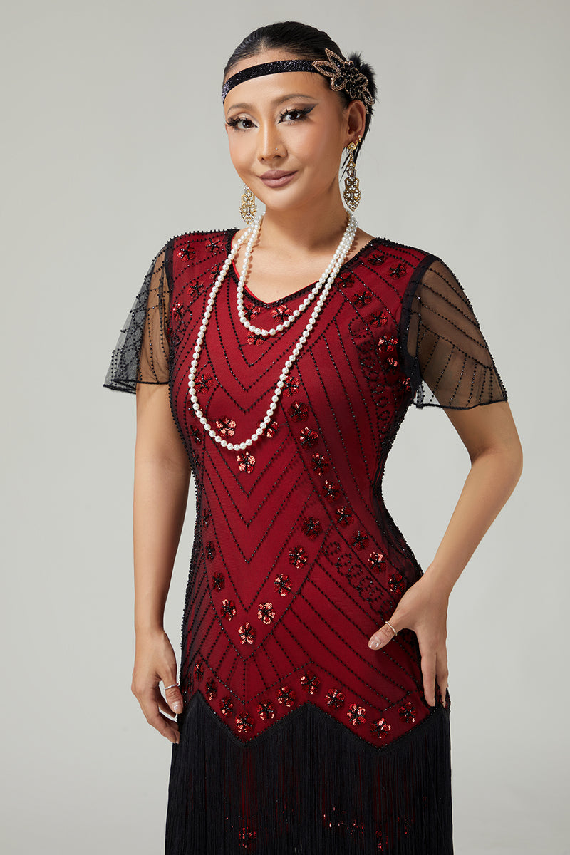 Load image into Gallery viewer, Sparkly Black Golden Bodycon Fringed 1920s Flapper Dress with Beading